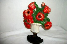 ANTIQUE COTTAGECORE Iron Hubley Poppies Door Stop Urn Original Chippy #440 picture