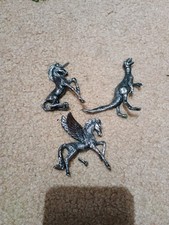 Vintage Pewter Miniature Figurine Lot - Unicorn, Raptor Dinosaur, Pegasus (3pc) picture