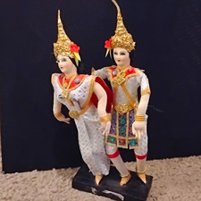 Thai Traditional Dancer Doll Couple Figurines w/ Gold Headdresses on Base picture
