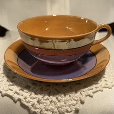 Vintage Made in Japan Lusterware Teacup Saucer Purple Orange Gold Art Deco picture