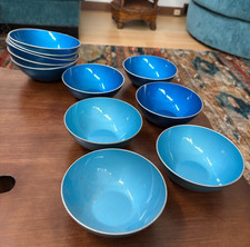 Set of 12 Vintage MCM Emalox Norway Peacock Light Blue Enamel Aluminum Bowls picture