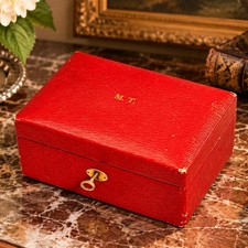 Nice Antique Mark Cross Red Leather Jewelry Box Luxury Case with Lock & Key picture