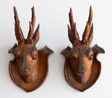 Pair of Antique Black Forest Carved Deer Head Trophy Plaques, Circa 1900 picture
