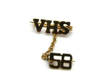 Vintage 1958 VHS High School Pin Gold Tone Letter Brooch w/ 58 Guard Chain picture