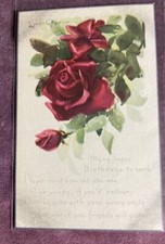 Antique 1910s Linen Postcard Signed Lyman Powell Birthday Series 133 Red Roses picture