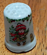 Porcelain Sewing Thimble White Winter Girl/Child Holiday Design Japan Label picture