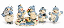Vintage Snow Buddies Just For You Figurine & 3 Blue Snowman Ornaments Lot of 4 picture