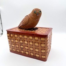 Vintage Shanghai Handicrafts Wood Wicker Owl Basket Box People's Republic China picture