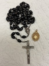 VINTAGE CATHOLIC ROSARY BLACK EBONY WOOD BEAD CRUCIFIX INFANT PRAGUE HEART CHARM picture