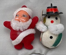 Flocked Santa & Snowman Christmas Ornaments Festive Décor 1960s Holiday Vintage picture