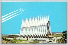 US Air Force Academy Cadet Chapel Colorado Vintage Postcard Aerial Jet Flyover picture