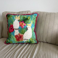 Embroidered 2 Cockatoos, Palm leaves, Flowers Tasseled Decorative Pillow 18 X 18 picture