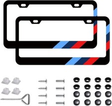 TWO-PACK M-Stripe Flag Black License Plate Frame for BMW, 304 Stainless Steel picture