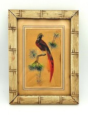 Vintage Mexican Feather Art Bird Painting Framed Faux Bamboo Wood Mid Century picture