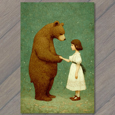 POSTCARD Gentle Bear Holding Hands Girl Whimsical Storybook picture