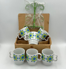 New OS Vintage Retro 70's Set of 6 Stackable Coffee Tea Mugs & Tree Blue Green picture