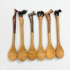 6 Wooden animal Carved Spoons Safari Animals Hand Carved Giraffe Elephant picture
