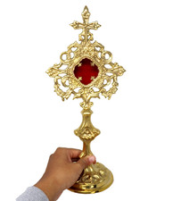 Ornate High Polished Brass Church Cross Ostensorium w/Pedestal Base 13 Inches picture
