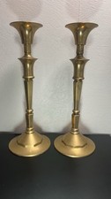 Pair of VTG Brass Candlestick Holders Hexagonal Base Flared Tulip Top MCM 20inch picture