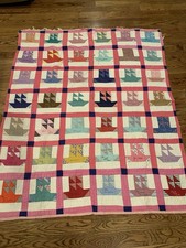 VTG 1953 Handstitched Hand Quilted Signature Friendship Quilt Sailboat 80”x 66” picture