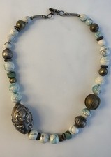 ANTIQUE VINTAGE TIBETAN SILVER BRONZE BEAD NECKLACE TURQUOISE JADE STONE FROG picture