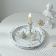 Rustic White Wood Round Decorative Tray for Coffee Table Pillar Candle Holder picture