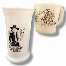 Vintage Hopalong Cassidy Davy Crockett Milk Glass Mug Tumbler Pair 1950s Western picture