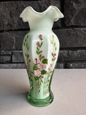 VTG Fenton Opaline Green Sierra Mist Glass Ruffle Floral Hand Painted Roses Vase picture