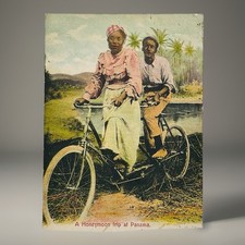 1906 Postcard Barefoot Couple On Bicycle Built For 2 Honeymoon Panama Canal Zone picture