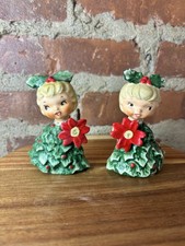 Vintage 1950's Christmas Holt Howard Holly Tree Girls Salt & Pepper Shakers picture