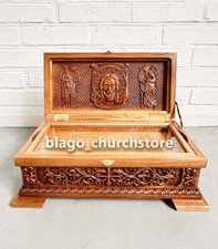 Orthodox Reliquary Box Wood Carved Ark with icon Saviour and Angels 16.92