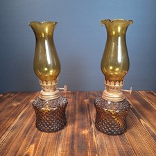 A Pair of Mini Amber Glass Hobnail Design Oil Lamps w/ Crimp Top Amber Globes picture
