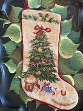 Vintage Imperial Elegance Wool Needlepoint Christmas Stocking Tree with Bow 🎀 picture