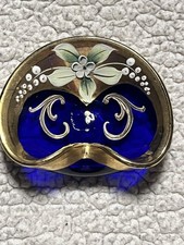 Vintage Cobalt Blue Glass Trinket Dishes Gold Gilt Applied Flowers Set of 2 picture