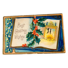 1916 Christmas Postcard BEAUTIFUL Fireplace Stockings Hang Holly Antique picture