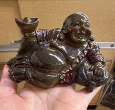 Reclining Glazed Laughing Buddha (Budai) Figurine Statue Brown Red Buddhism picture