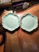 Set Of 2 Signed Korean Celadon Plates Lotus Scalloped Peony Relief Kwon Tae-hyun picture