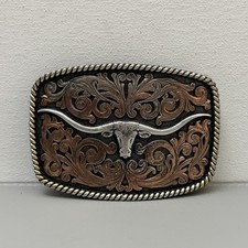 Montana Silversmiths Longhorn Belt Buckle Western Cowboy Two Tone Silver Gold picture