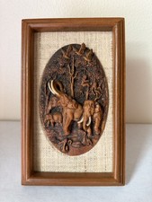 MCM Vintage Thai Miniature Elephant Carving on Jute in Teak Frame picture