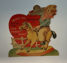 Vtg Valentine Western Cowgirl Riding Rocking Horse Die Cut Stand Up LONE RANGER picture