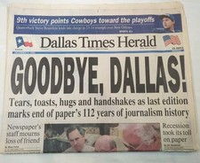 Dallas Times Herald December 9 1991 Goodbye Dallas Last Newspaper.  Never Read.  picture