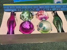Vintage Glass Christmas Ornaments Box of 6, MID CENTURY MODERN Glitter Stencils picture