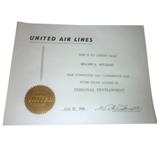 Vintage 1969 United Air Lines Personal Development Certificate Gold Seal 1960s picture