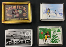 Vintage Metal Advertising Tins Lot of 4, Fruit, Planters Peanut, See's Candies picture