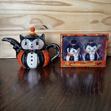 Johanna Parker Halloween Vampire Bat Pumpkin Ceramic Teapot Salt Pepper Shakers picture