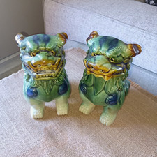 Vintage Pair Blue Green Ceramic Foo Dogs Chinese Guardian Lions 7” Asian Decor picture