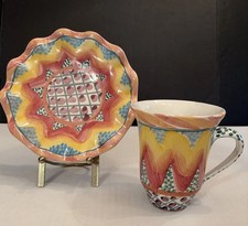 Vtg MacKenzie-Childs Keukenhof Ceramic Mug Cup & 7.5” Ruffled Saucer Plate Set 2 picture