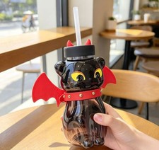 LUXURY NEW Starbucks New Halloween Black Cat Shaped 19oz Glass Straw Cup Tumbler picture