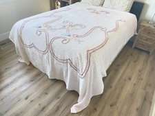 Vintage Chenille Bedspread Pink Floral Scroll Cottage Chic Mid Century As Is picture
