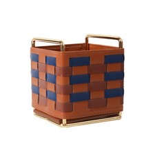Leather Storage Box Stitched Edges Home Organizer Brown and Blue picture